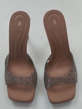 ZARA Blush Tan Slide Mules with Crystal-Strap